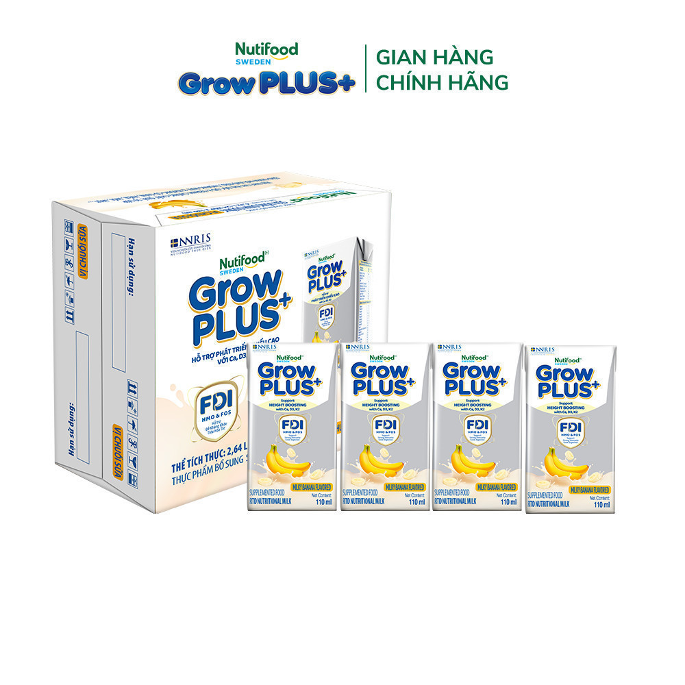 Combo 2 Thùng 24 hộp Sữa bột pha sẵn Nutifood Sweden GrowPLUS+ Vị Dâu 110ml & Vị Chuối 110ml
