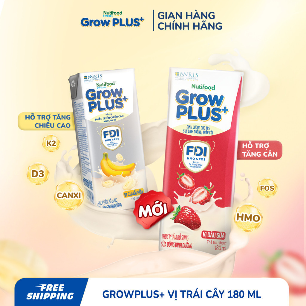 Combo 2 Thùng 24 hộp Sữa bột pha sẵn Nutifood Sweden GrowPLUS+ Vị Dâu 180ml & Vị Chuối 180ml