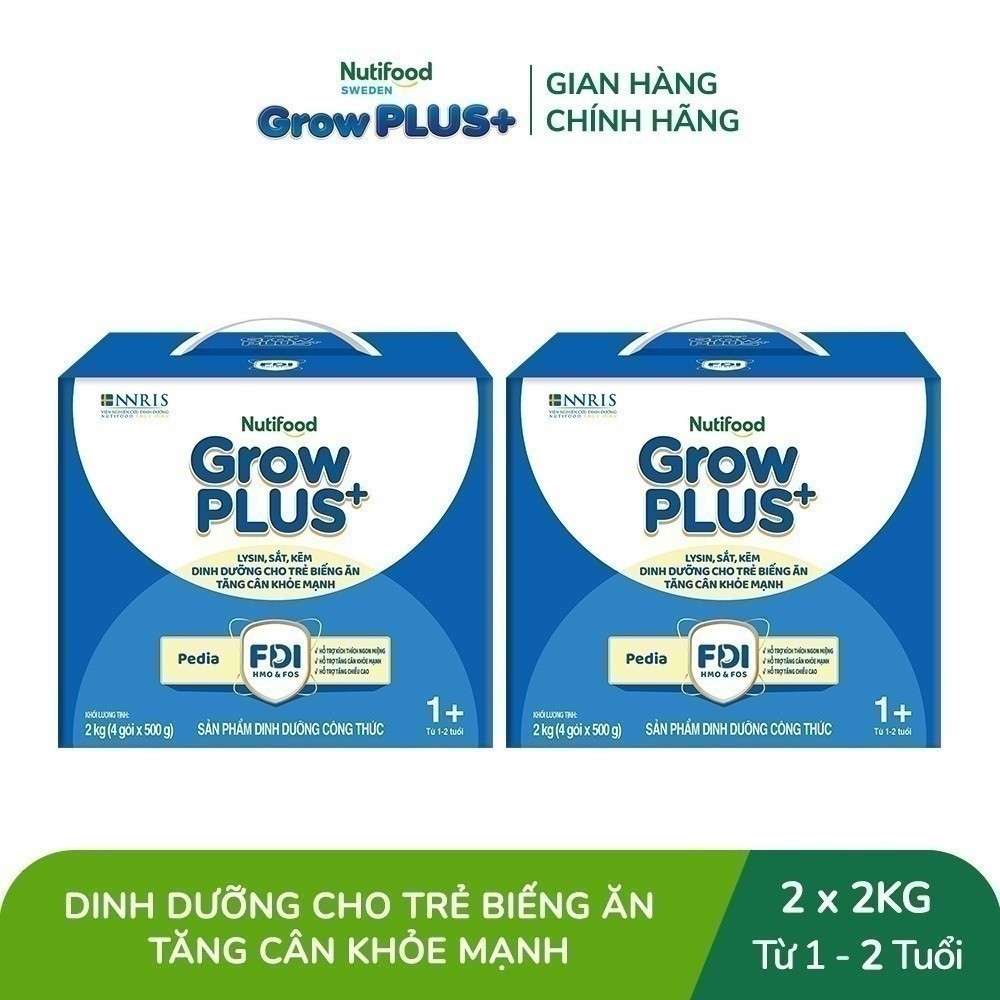 Combo 2 Sữa Bột Nutifood GrowPLUS+ Biếng Ăn (Xanh) 1+ - Tăng Cân Khỏe Mạnh (2 Hộp 2 Kg)