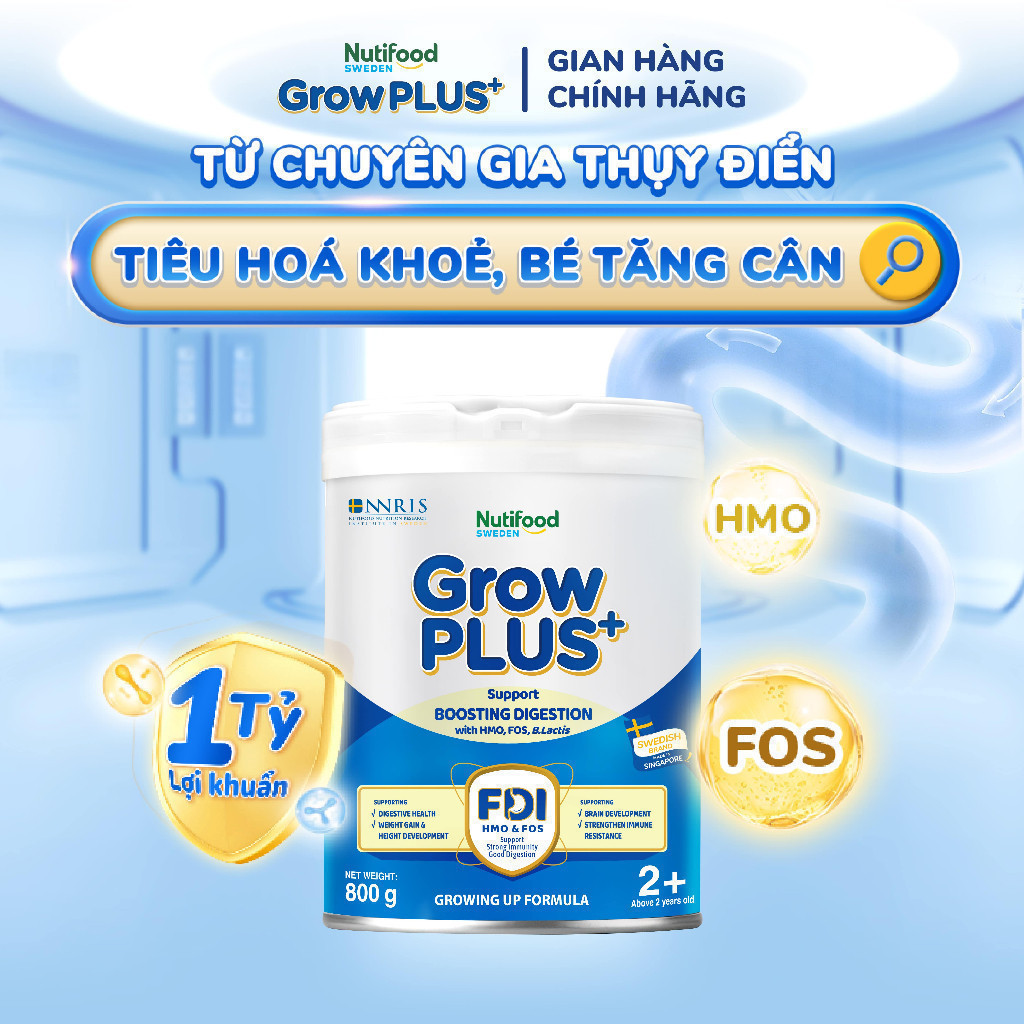 Combo 2 Sữa bột Nutifood Sweden GrowPLUS+ Tiêu Hóa (Xanh Nhạt) 2+ - Tiêu hóa khỏe, tăng cân (Lon 800g)
