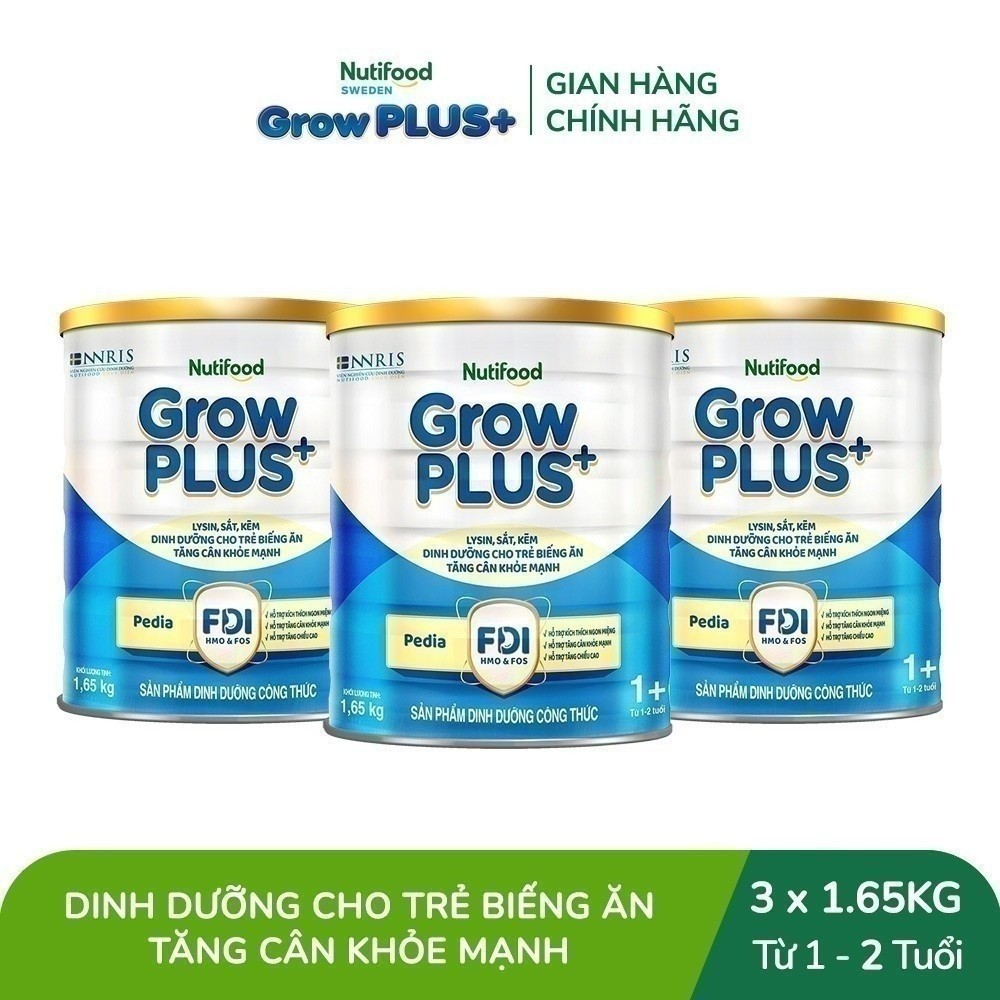 Combo 3 Sữa Bột Nutifood GrowPLUS+ Biếng Ăn (Xanh) 1+ - Tăng Cân Khỏe Mạnh (3 Lon 1,65 Kg)