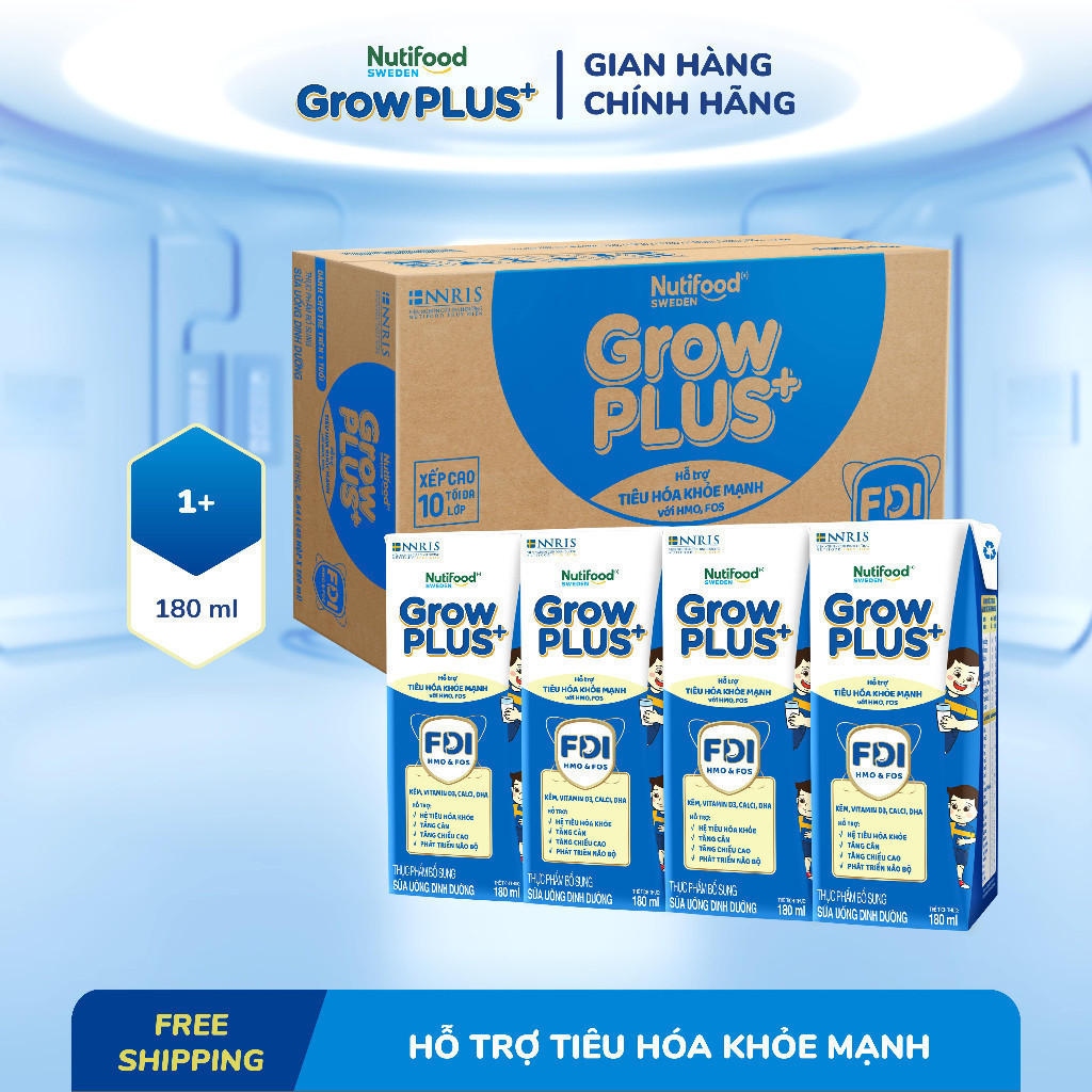 Combo 2 Sữa bột pha sẵn Nutifood Sweden GrowPLUS+ Tiêu Hóa (Xanh Nhạt) 1+ - Tiêu hóa khỏe, tăng cân (48 hộp x 180ml)