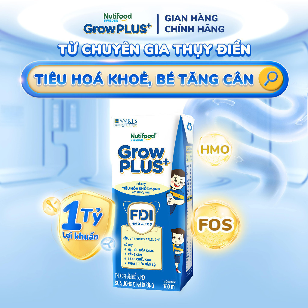 Combo 2 Sữa bột pha sẵn Nutifood Sweden GrowPLUS+ Tiêu Hóa (Xanh Nhạt) 1+ - Tiêu hóa khỏe, tăng cân (48 hộp x 180ml)