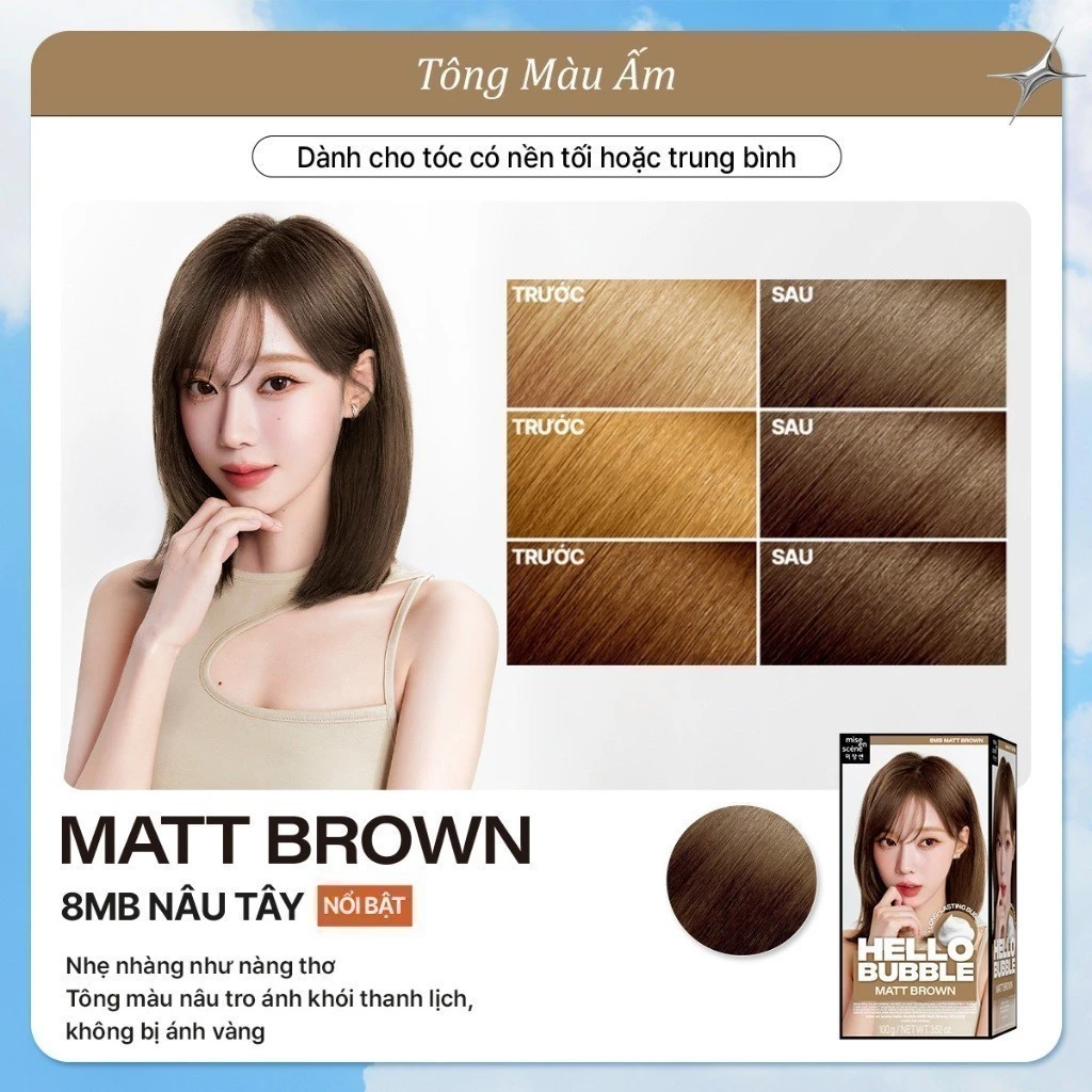 8MB Nâu Tây - Nhuộm tóc mise en scène Hello Bubble 100g công thức cải tiến, dạng bọt bền và lâu tan, tông màu (bản sao)