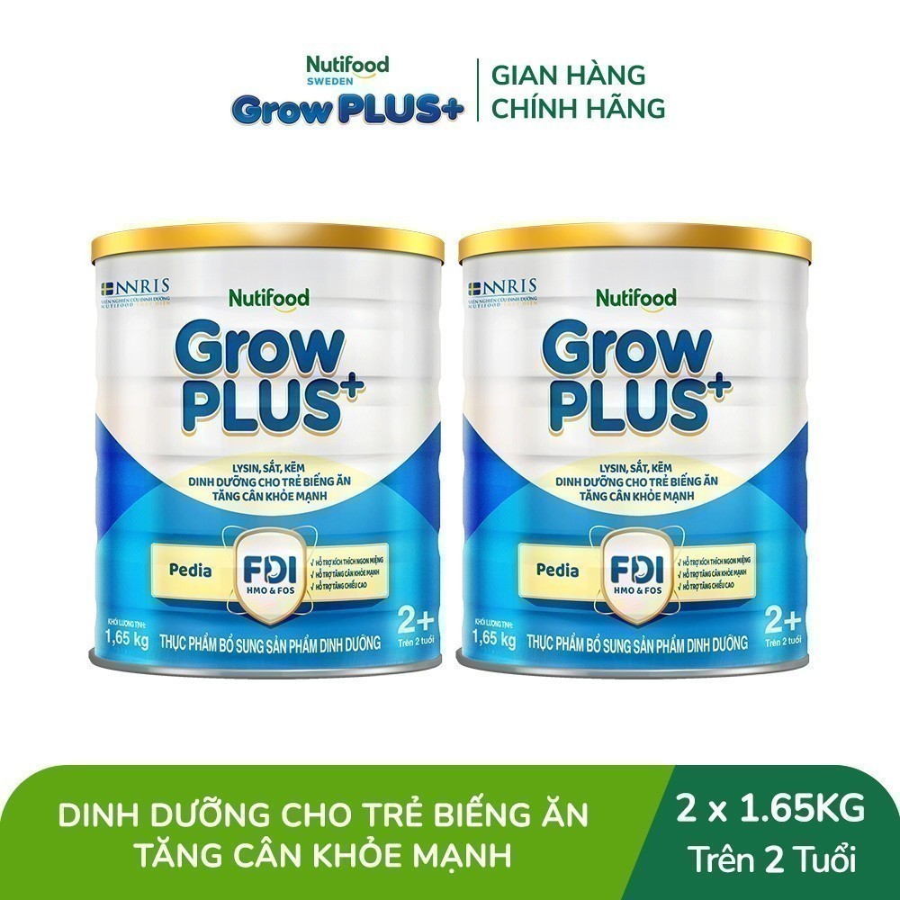 Combo 2 Sữa Bột Nutifood GrowPLUS+ Biếng Ăn (Xanh) 2+ - Tăng Cân Khỏe Mạnh (2 Lon 1,65 Kg)