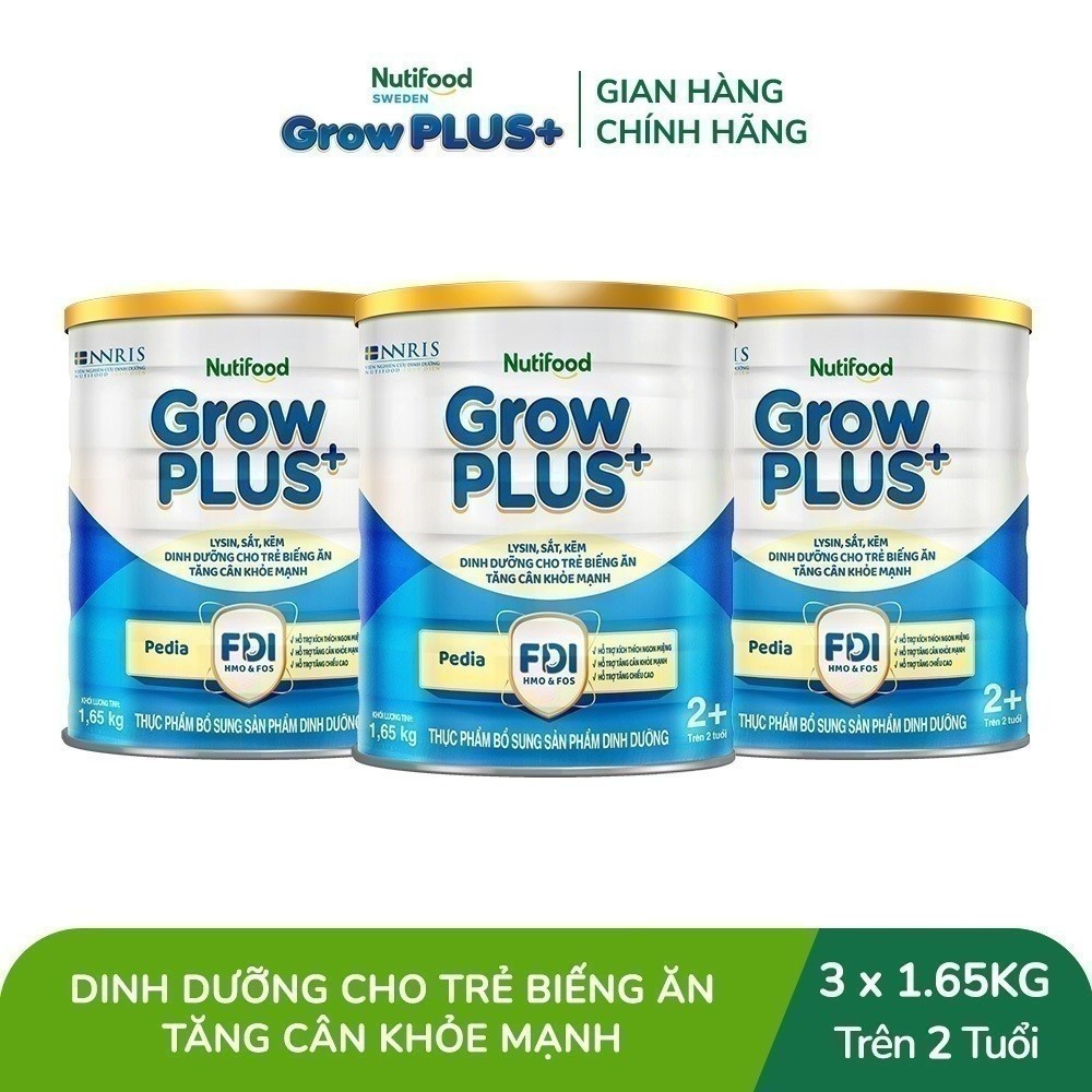 Combo 3 Sữa Bột Nutifood GrowPLUS+ Biếng Ăn (Xanh) 2+ - Tăng Cân Khỏe Mạnh (3 Lon 1,65 Kg)