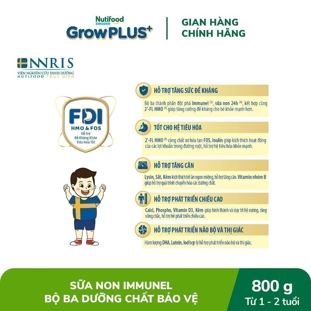 Combo 5 Sữa Bột Nutifood Sweden GrowPLUS+ Sữa Non Immunel lon 800g (Bao bì tuỳ lô hàng)