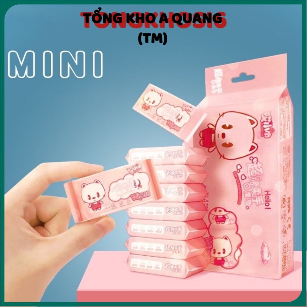 Set 8 Gói/ 64 Tờ Khăn Giấy Ướt Mini Bỏ Túi - Khăn Ướt Trẻ Em - Khăn Vệ Sinh, Lau Tay Đa Năng