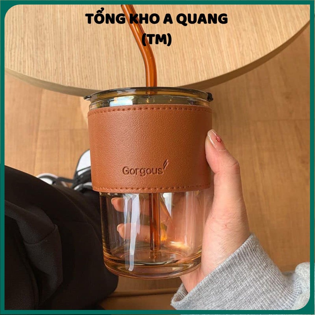 Cốc Thủy Tinh GORGOUS Có Nắp , Ly Thủy Tinh Kèm Nắp, Ống Hút Và Bao Da Đi Kèm - 450ml Có 2 Màu - COC