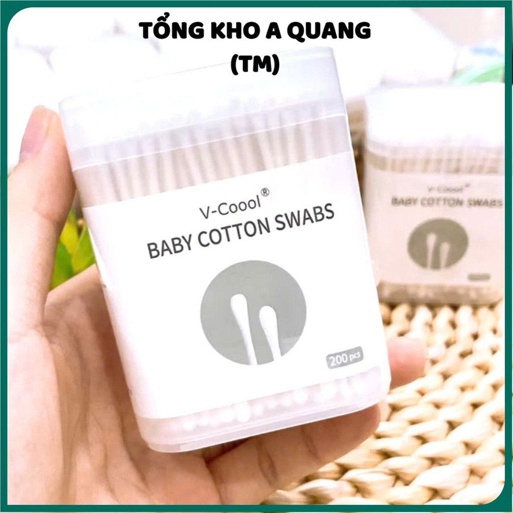 TĂM BÔNG VCOOL CHO BÉ , Bông ngoáy tai cho bé Vcool 2 đầu kháng khuẩn, tăm bông sơ sinh tiện lợi hộp 200 que: TAMBONG48