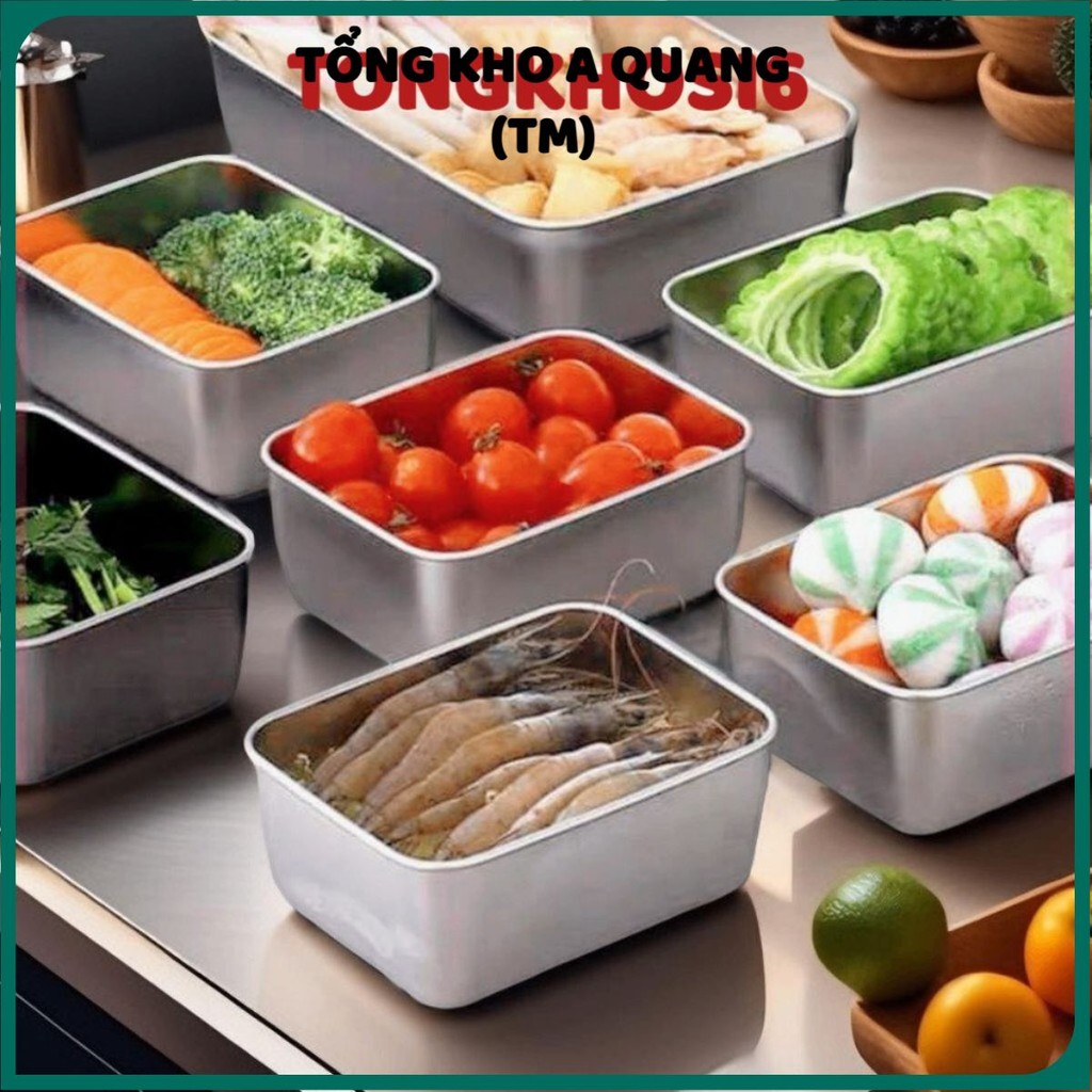 COMBO] 5 Hộp VUÔNG Đựng Thực Phẩm INox 304 Kèm Nắp, Hộp Đựng Đồ Tủ Lạnh