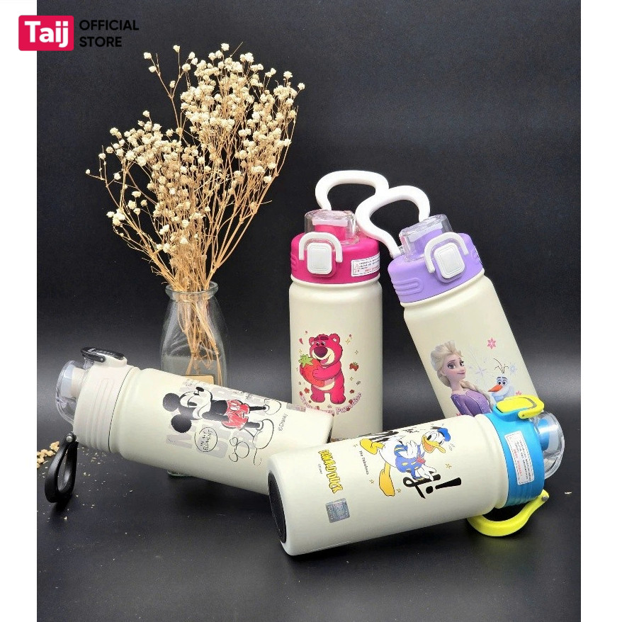 Bình Nước Giữ Nhiệt Trẻ Em Disney 500ml, Hình Gấu Dâu, Vịt Donald, Chuột Mickey, Elsa