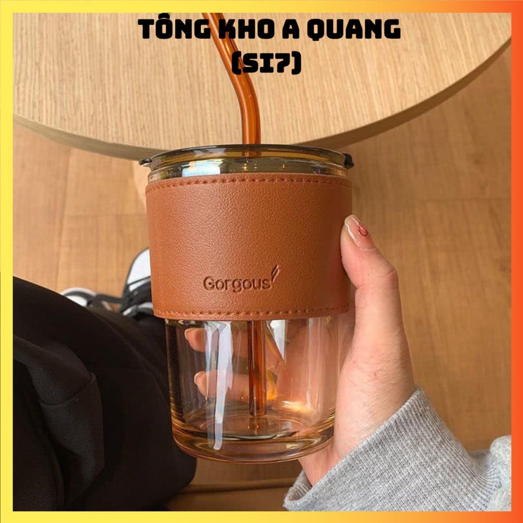 [COMBO 10]Cốc Thủy Tinh GORGOUS Có Nắp , Ly Thủy Tinh Kèm Nắp, Ống Hút Và Bao Da Đi Kèm - 450ml Có 2 Màu - COC