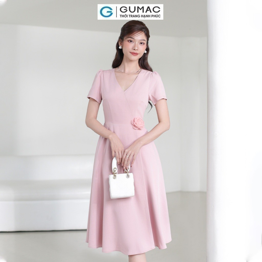 [SALE] Đầm nữ GUMAC A xòe cổ tim đính hoa hồng tím nữ GUMAC tính thanh lịch  DE03017