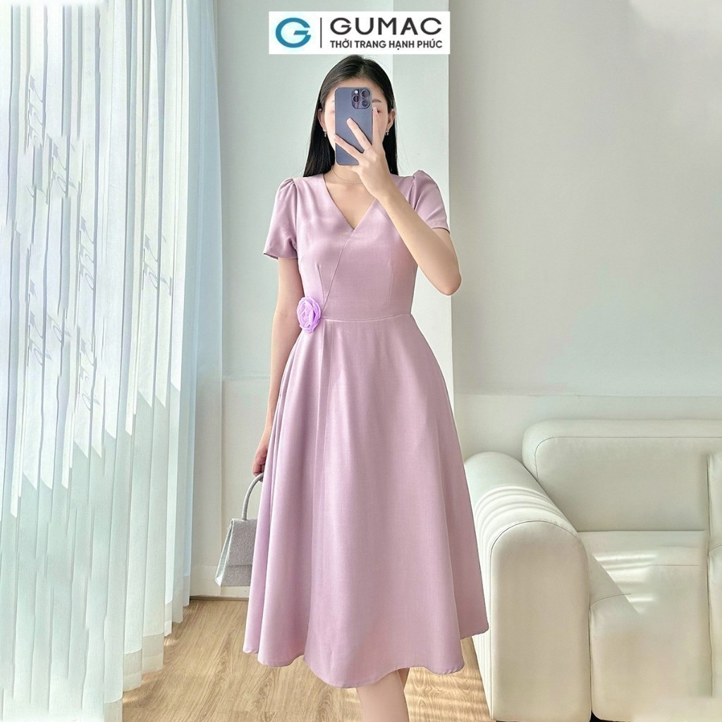 [SALE] Đầm nữ GUMAC A xòe cổ tim đính hoa hồng tím nữ GUMAC tính thanh lịch  DE03017