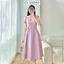 Đầm nữ GUMAC A xòe cổ tim đính hoa hồng tím nữ GUMAC tính thanh lịch DE03017