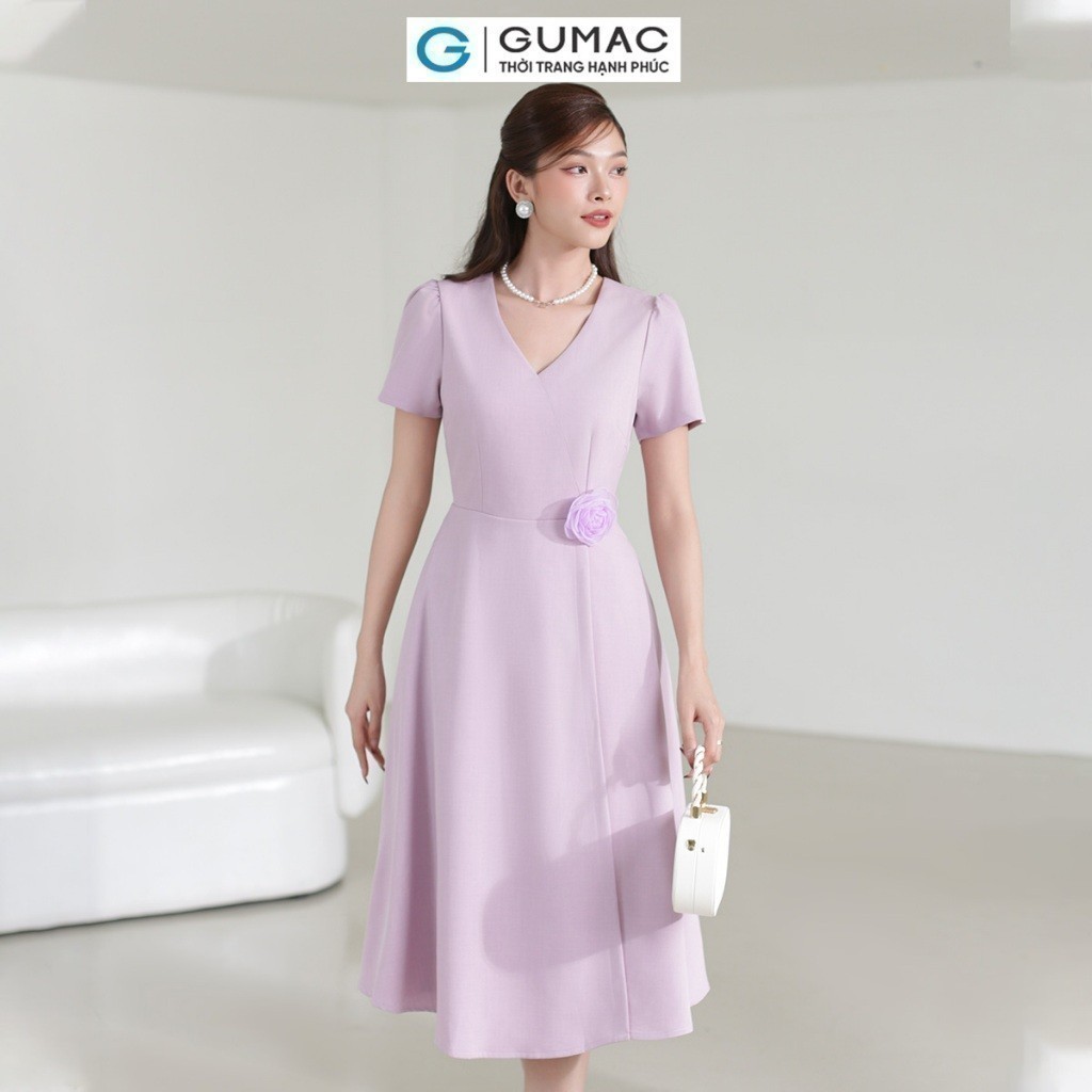 [SALE] Đầm nữ GUMAC A xòe cổ tim đính hoa hồng tím nữ GUMAC tính thanh lịch  DE03017