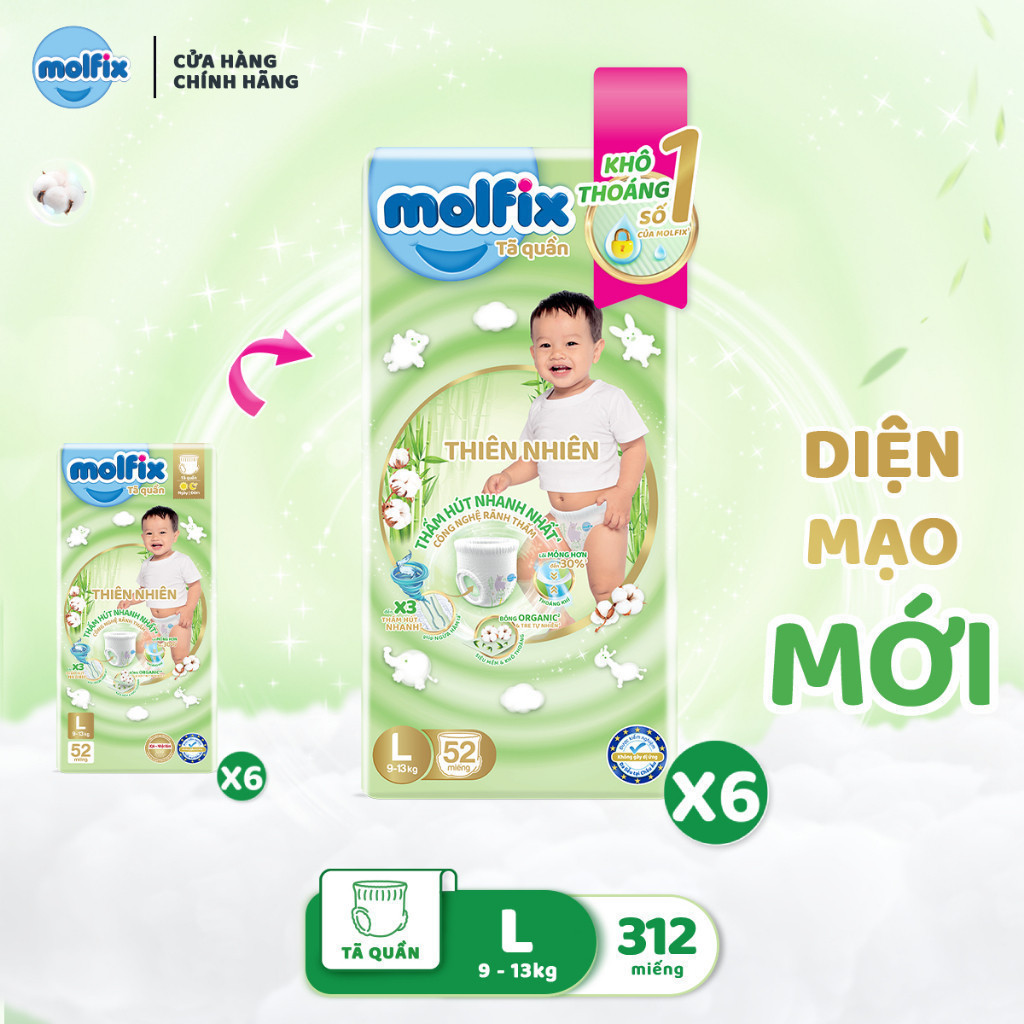 Ảnh [CB3 Mega] Combo 6 Tã/bỉm quần Molfix Thiên nhiên Super Jumbo M336/L312/XL276/XXL252 2