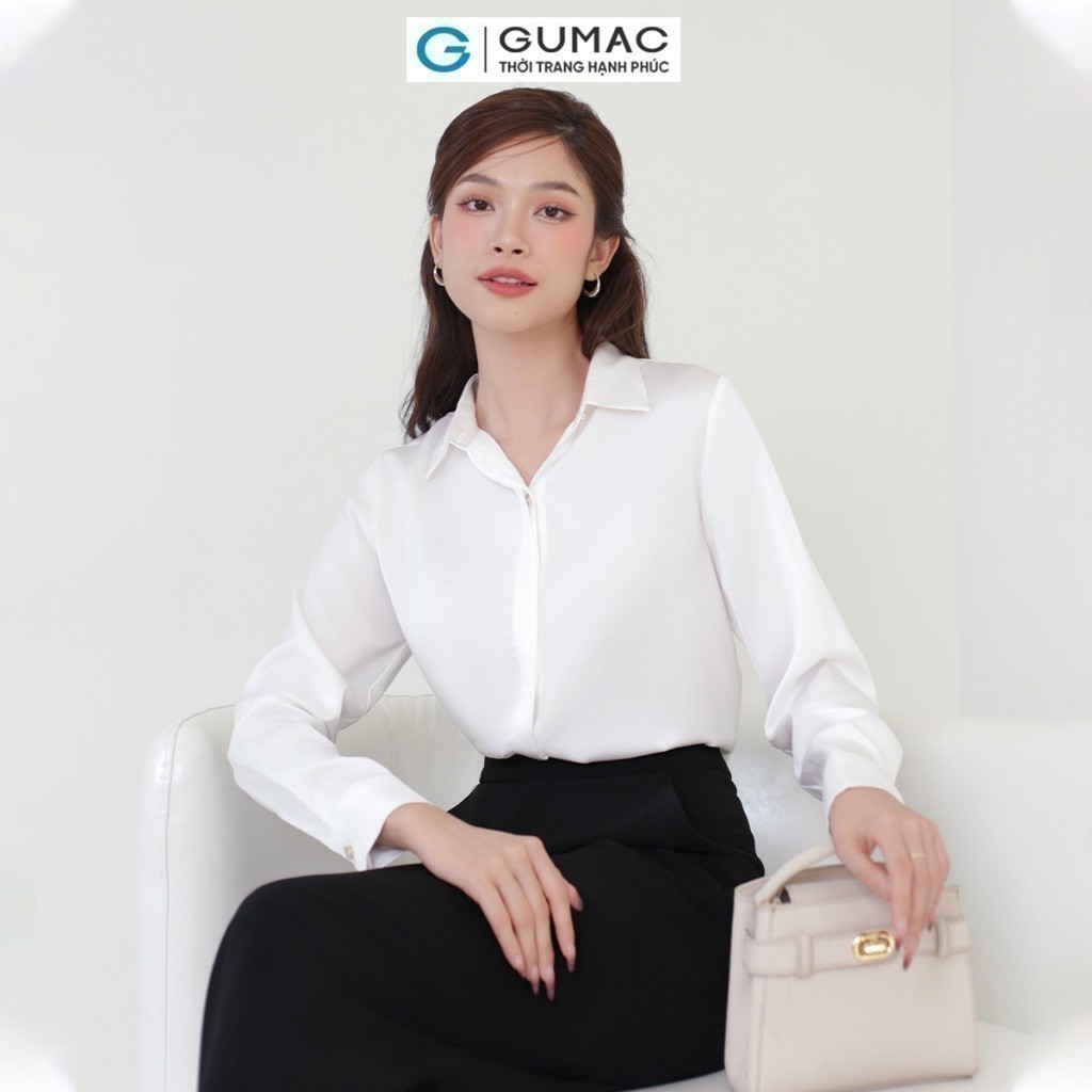 Ảnh Áo sơ mi nữ basic cơ bản lụa màu trắng đen hồng thiết kế tay dài phối nút thời trang GUMAC BAE00003 2