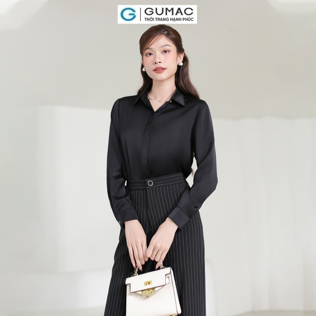 Ảnh Áo sơ mi nữ basic cơ bản lụa màu trắng đen hồng thiết kế tay dài phối nút thời trang GUMAC BAE00003 3