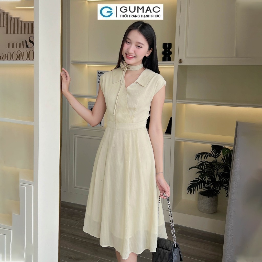 [SALE] Đầm nữ GUMAC A xòe đắp chéo phối dây hoa voan gân thêu mềm nhẹ  DE05047