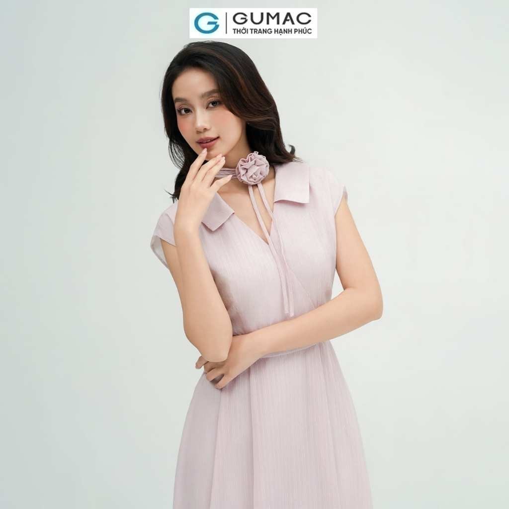 [SALE] Đầm nữ GUMAC A xòe đắp chéo phối dây hoa voan gân thêu mềm nhẹ  DE05047