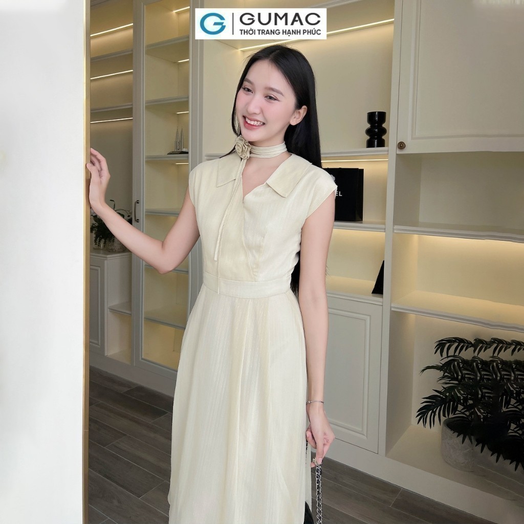 [SALE] Đầm nữ GUMAC A xòe đắp chéo phối dây hoa voan gân thêu mềm nhẹ  DE05047