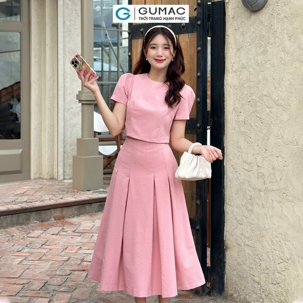 Set Lẻ Áo Kiểu Nữ GUMAC Form Lửng Tay Phồng YAE05090 - Chân Váy Nữ A Midi Xếp Ly Thanh Lịch YVE05091