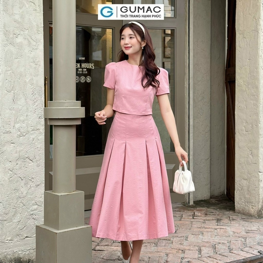 Set Lẻ Áo Kiểu Nữ GUMAC Form Lửng Tay Phồng YAE05090 - Chân Váy Nữ A Midi Xếp Ly Thanh Lịch YVE05091
