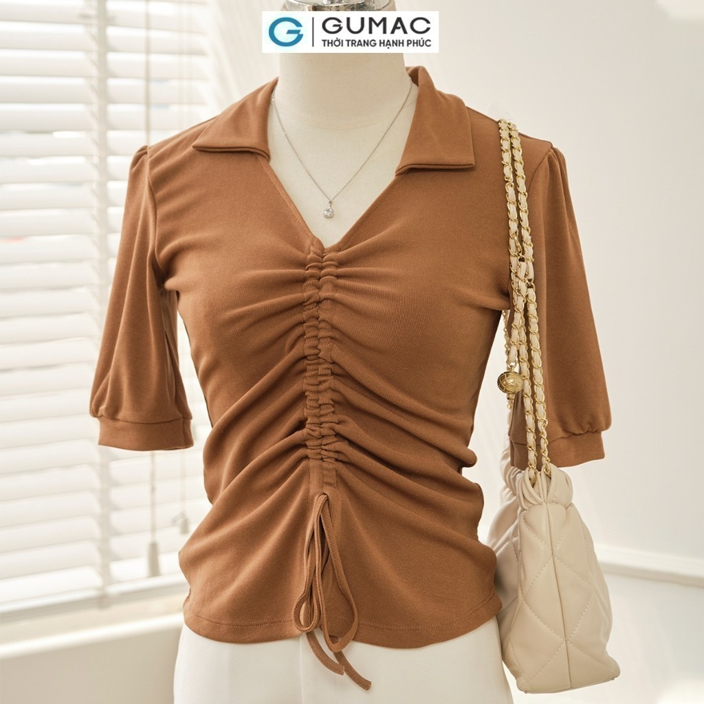 [SALE] Áo thun nữ GUMAC slim ôm cổ V rút nhún giữa thun co giãn mềm mịn thoải mái  LATE0810