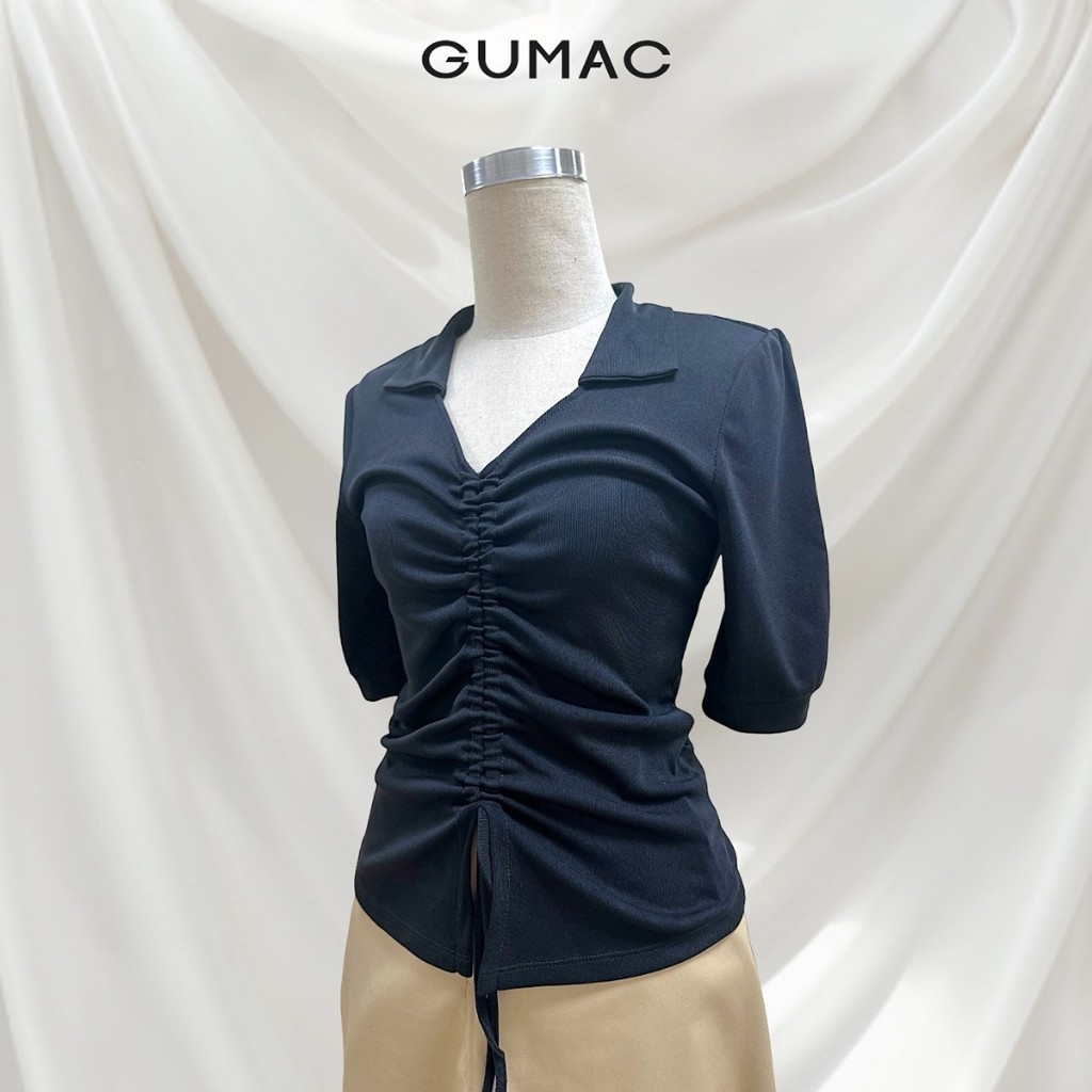 [SALE] Áo thun nữ GUMAC slim ôm cổ V rút nhún giữa thun co giãn mềm mịn thoải mái  LATE0810