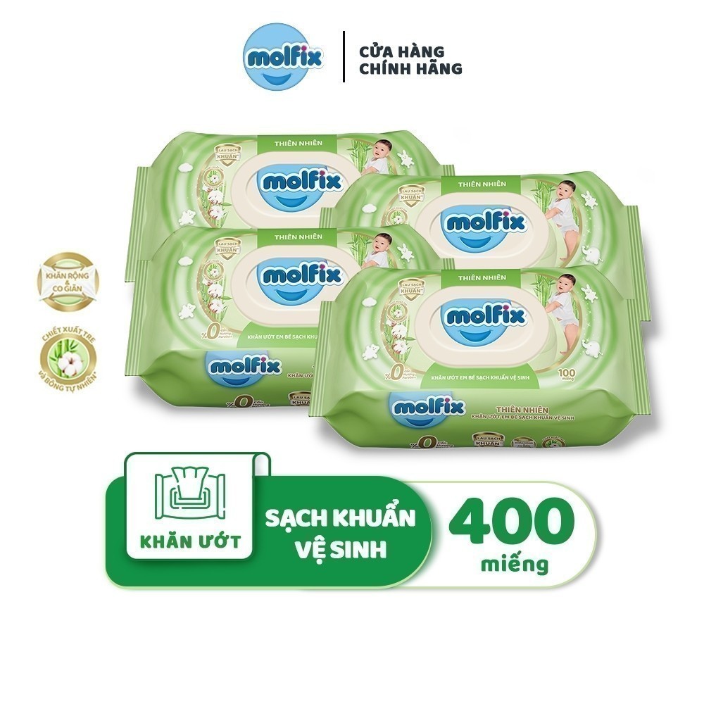 Ảnh Combo 4 Khăn ướt Molfix Thiên nhiên Sạch khuẩn vệ sinh - 4 bịch, 400 miếng 2