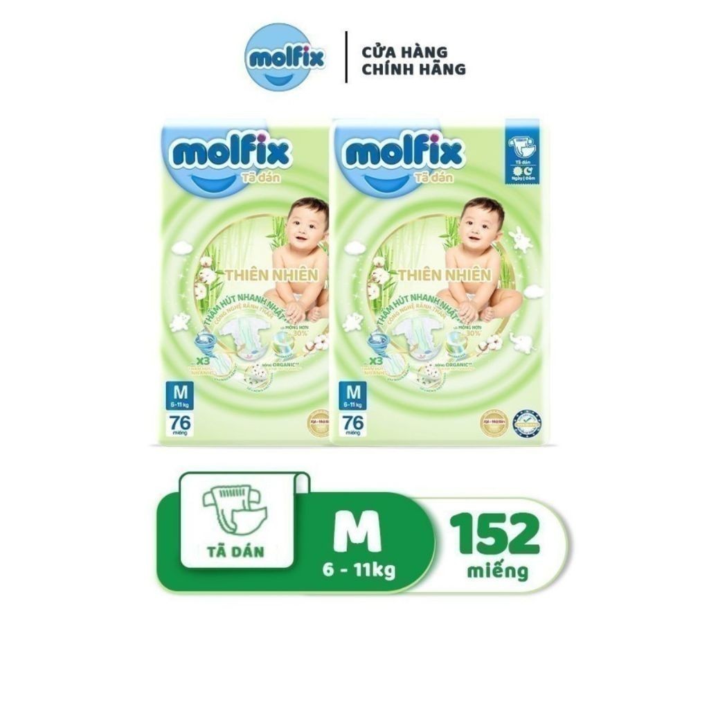 Ảnh Combo 2 Tã/bỉm dán Molfix Thiên nhiên Super Jumbo M (6kg - 11kg) - 2 Gói - 152 miếng 2