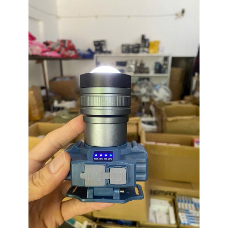 Đèn Đội Đầu V585 zoom xa gần ánh sáng trắng, tích hợp đèn led hiển thị % pin, độ bền cao