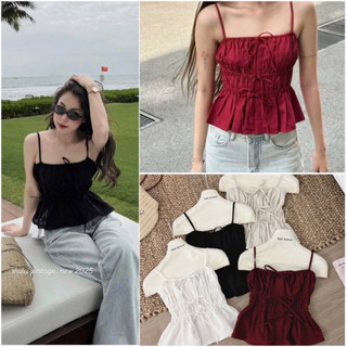 Áo Linen 2 Dây Nhún Bèo Mùa Hè Dễ Thương Năng Động Cho Nữ