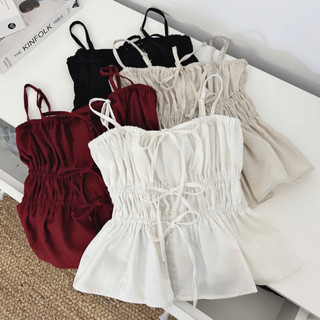 Áo Linen 2 Dây Nhún Bèo Mùa Hè Dễ Thương Năng Động Cho Nữ