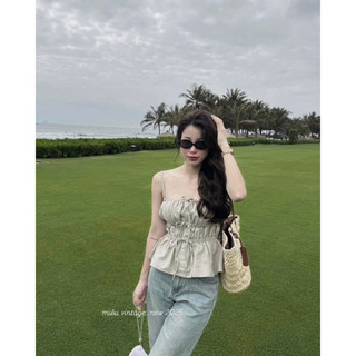 Áo Linen 2 Dây Nhún Bèo Mùa Hè Dễ Thương Năng Động Cho Nữ
