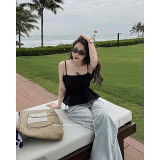 Áo Linen 2 Dây Nhún Bèo Mùa Hè Dễ Thương Năng Động Cho Nữ