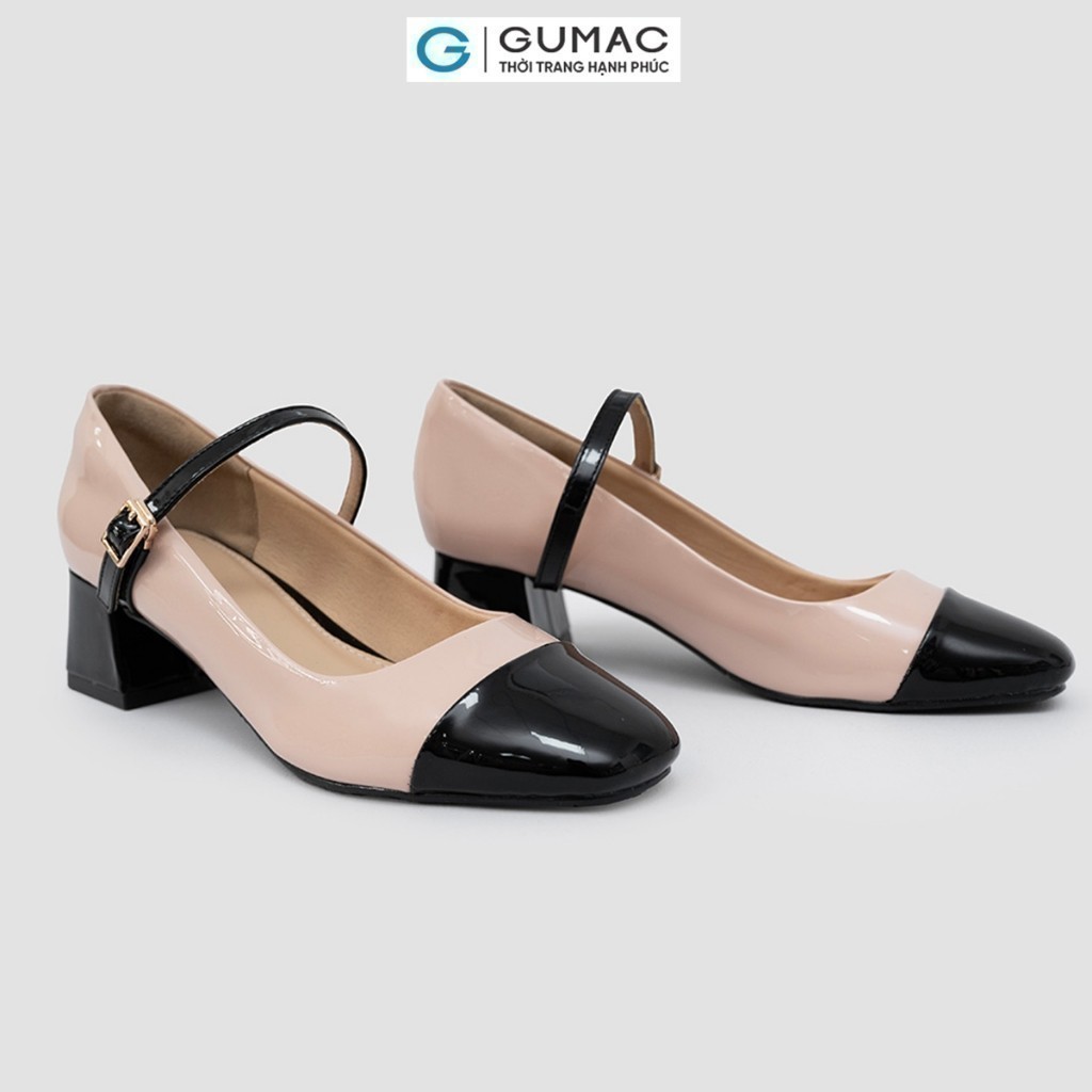 Giày Cao Gót Nữ GUMAC Giày Mary Jane 5 Phân Đế Vuông Phối Màu Mũi Tròn Quai Ngang Thanh Lịch GE01058