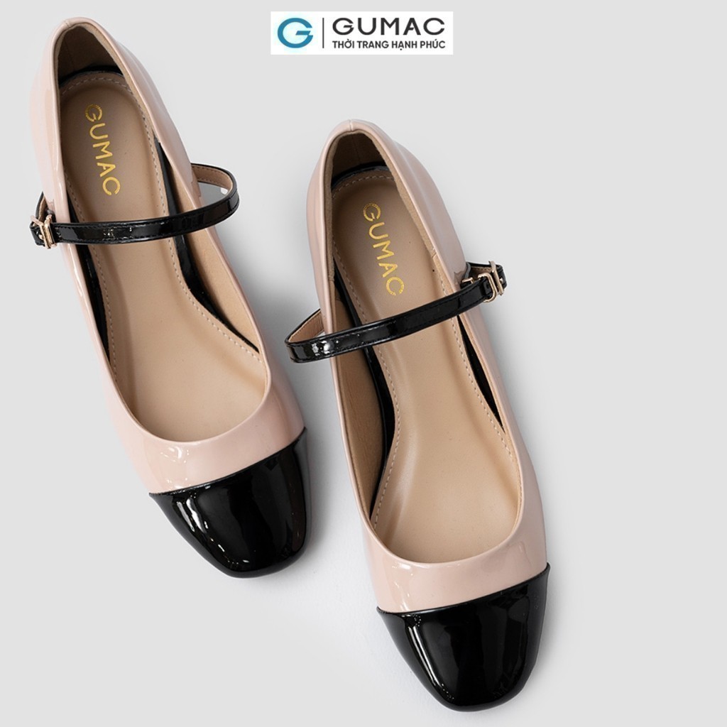 Giày Cao Gót Nữ GUMAC Giày Mary Jane 5 Phân Đế Vuông Phối Màu Mũi Tròn Quai Ngang Thanh Lịch GE01058