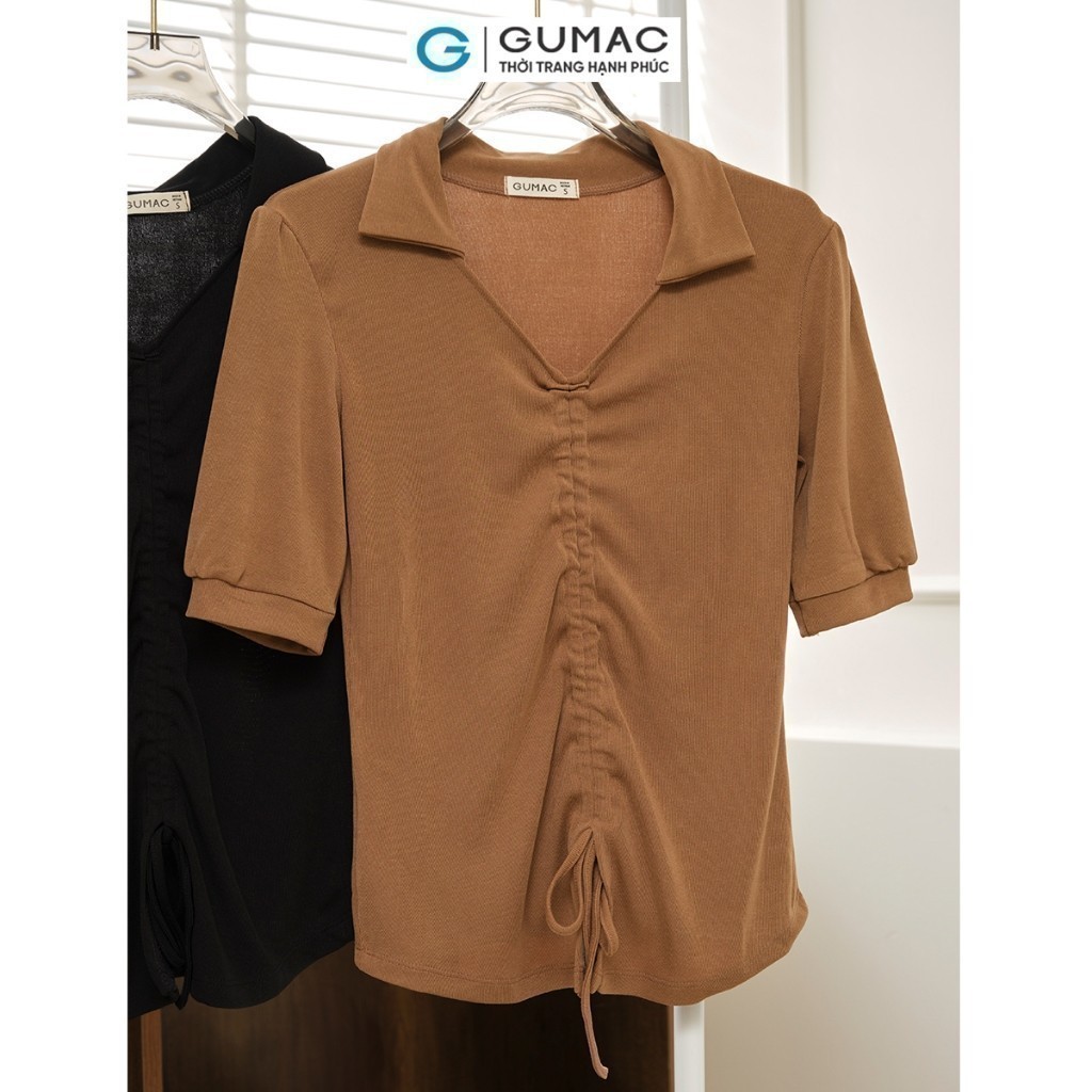 [SALE] Áo thun nữ GUMAC slim ôm cổ V rút nhún giữa thun co giãn mềm mịn thoải mái  LATE0810