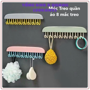 MÓC TREO ĐỒ DÁN TƯỜNG, Móc Nhựa Treo Quần Áo, Tất, Vớ, Đồ Lót... 8 Nhánh Màu Pastel Có Thể Dán Tường Đa Năng 28x14cm