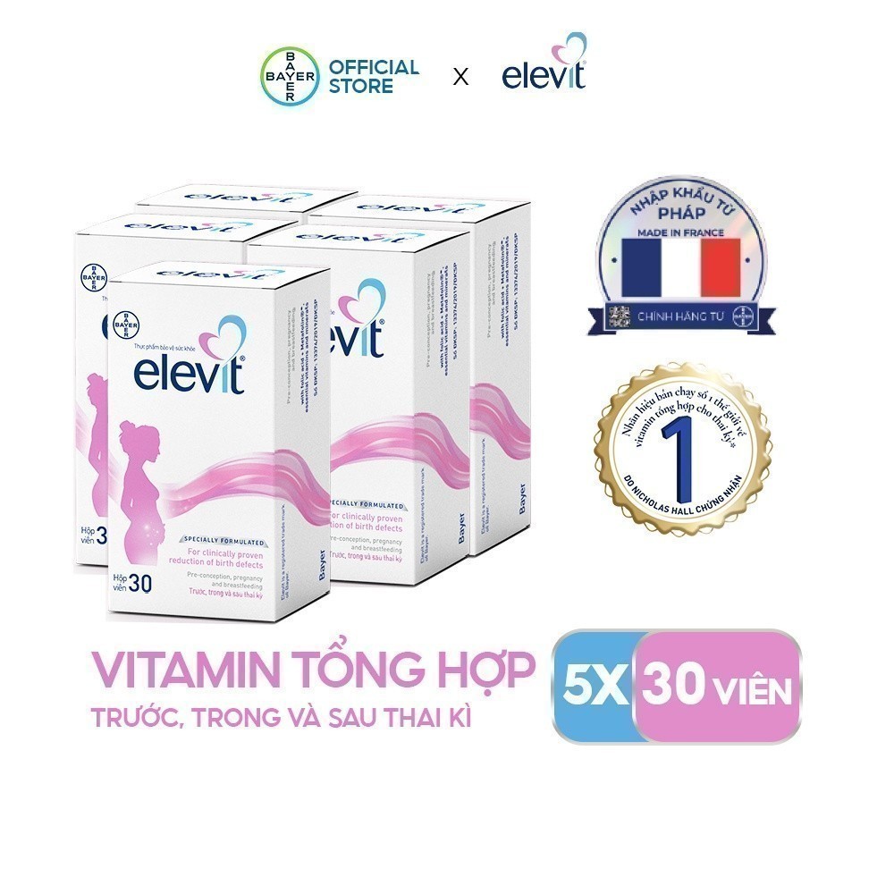 Bộ 5 Thực phẩm bảo vệ sức khỏe Elevit bổ sung Acid Folic, Sắt, Canxi, Các Vitamin và Các khoáng chất (30 Viên/Hộp)