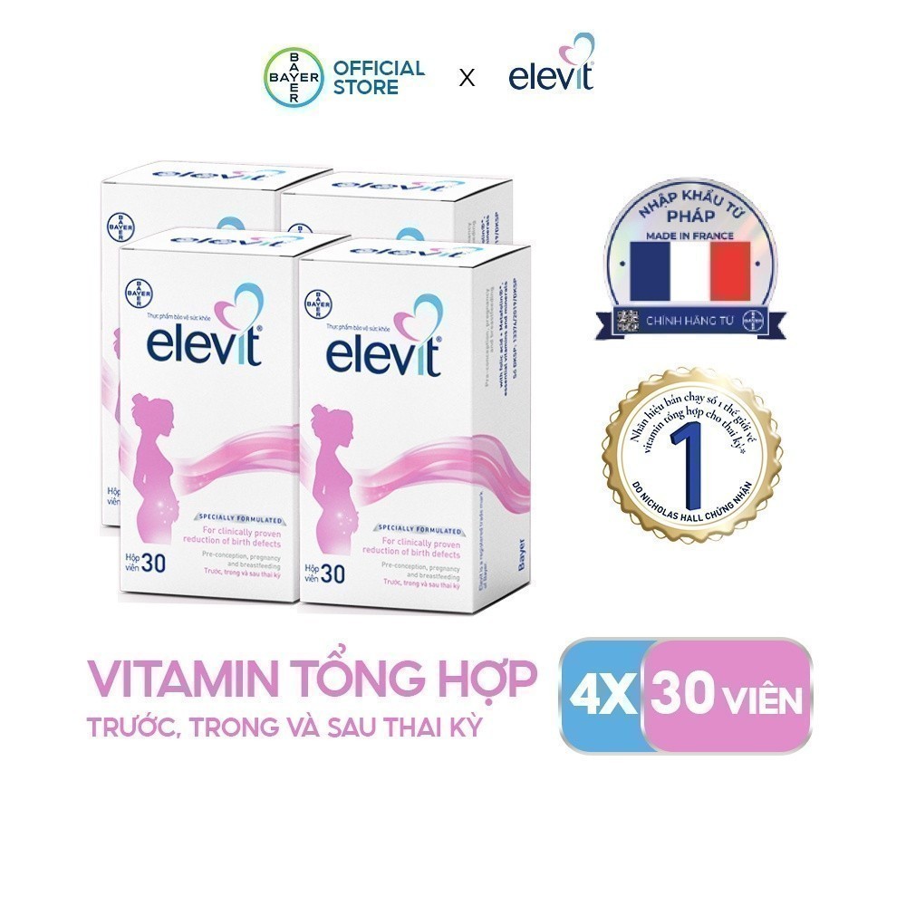 Bộ 4 Thực phẩm bảo vệ sức khỏe Elevit bổ sung Acid Folic, Sắt, Canxi, Các Vitamin và Các khoáng chất (30 Viên/Hộp)