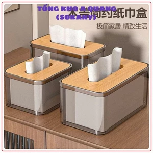 Hộp Đựng Giấy Ăn Trong Suốt Nắp Tre Gỗ Sang Trọng, HỘP ĐỰNG KHĂN GIẤY ĐỂ BÀN - HOP665