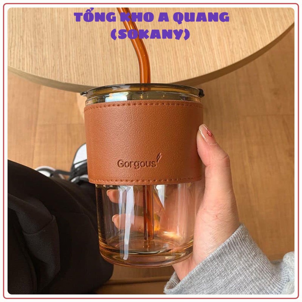 Cốc Thủy Tinh GORGOUS Có Nắp , Ly Thủy Tinh Kèm Nắp, Ống Hút Và Bao Da Đi Kèm - 450ml Có 2 Màu - COC