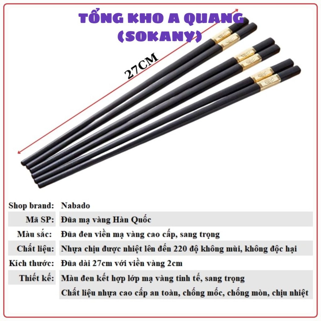 Đũa Mạ Vàng Hàn Quốc Nhựa Đen Nhật Cao Cấp Chống Trơn Chống Mốc Chịu Nhiệt Bộ 10 Đôi