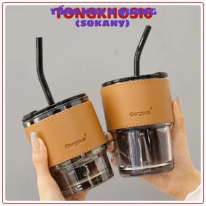 Cốc giữ nhiệt thủy tinh tặng kèm bao da ống hút , ly chịu nhiệt dùng uống cafe sang chảnh - COC587