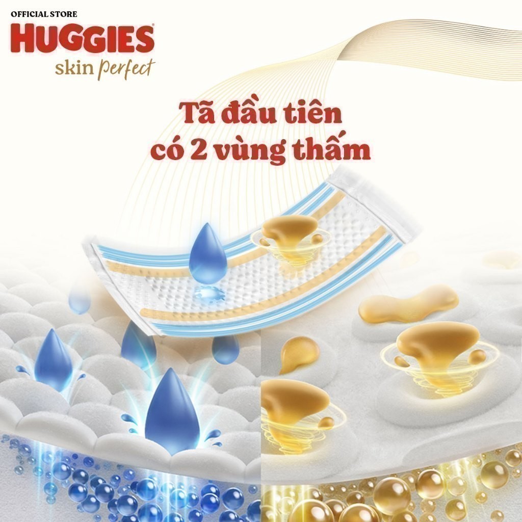 Miếng lót sơ sinh Huggies Skin Perfect NB1 64+4/NB1 108+6 miếng với 2 vùng thấm giảm kích ứng da