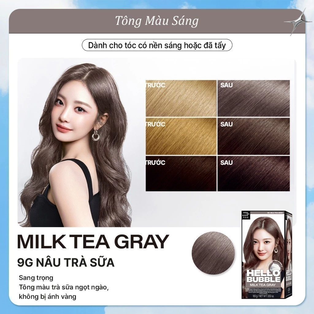 9G Nâu trà sữa - Nhuộm tóc mise en scène Hello Bubble 100g công thức cải tiến, dạng bọt bền và lâu tan, tông màu (bản sao) (bản sao) (bản sao)
